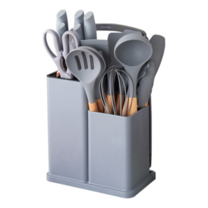 **Kit Completo 19 Utensílios de Cozinha em Silicone com Facas, Tábua e Suporte – Cabo de Madeira Resistente ao Calor 230°C**