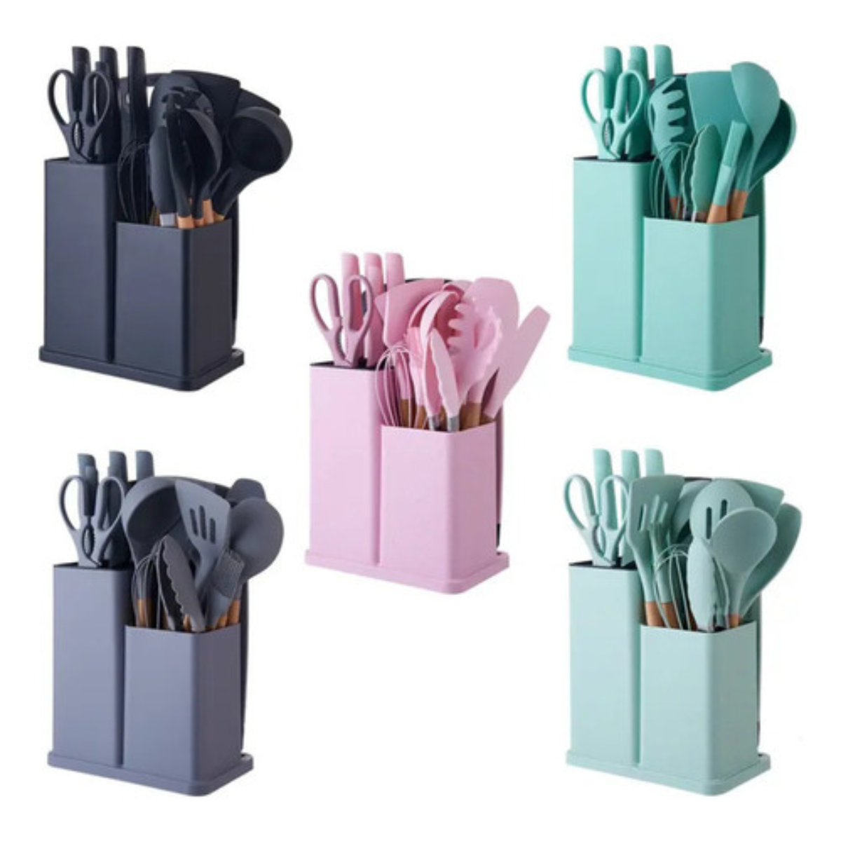 3-16 **Kit Completo 19 Utensílios de Cozinha em Silicone com Facas, Tábua e Suporte – Cabo de Madeira Resistente ao Calor 230°C** - Imagem 2