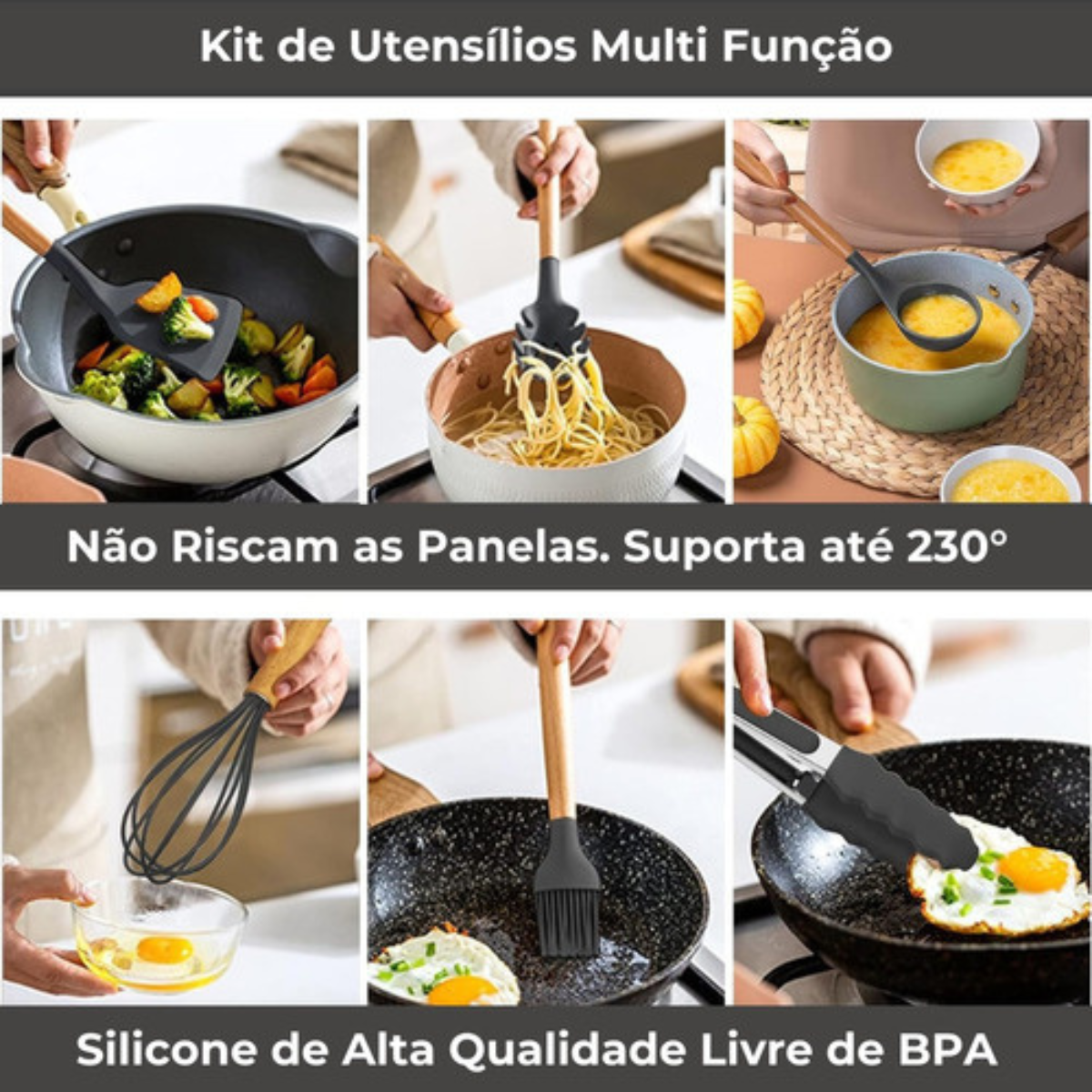 4-14 **Kit Completo 19 Utensílios de Cozinha em Silicone com Facas, Tábua e Suporte – Cabo de Madeira Resistente ao Calor 230°C** - Imagem 3