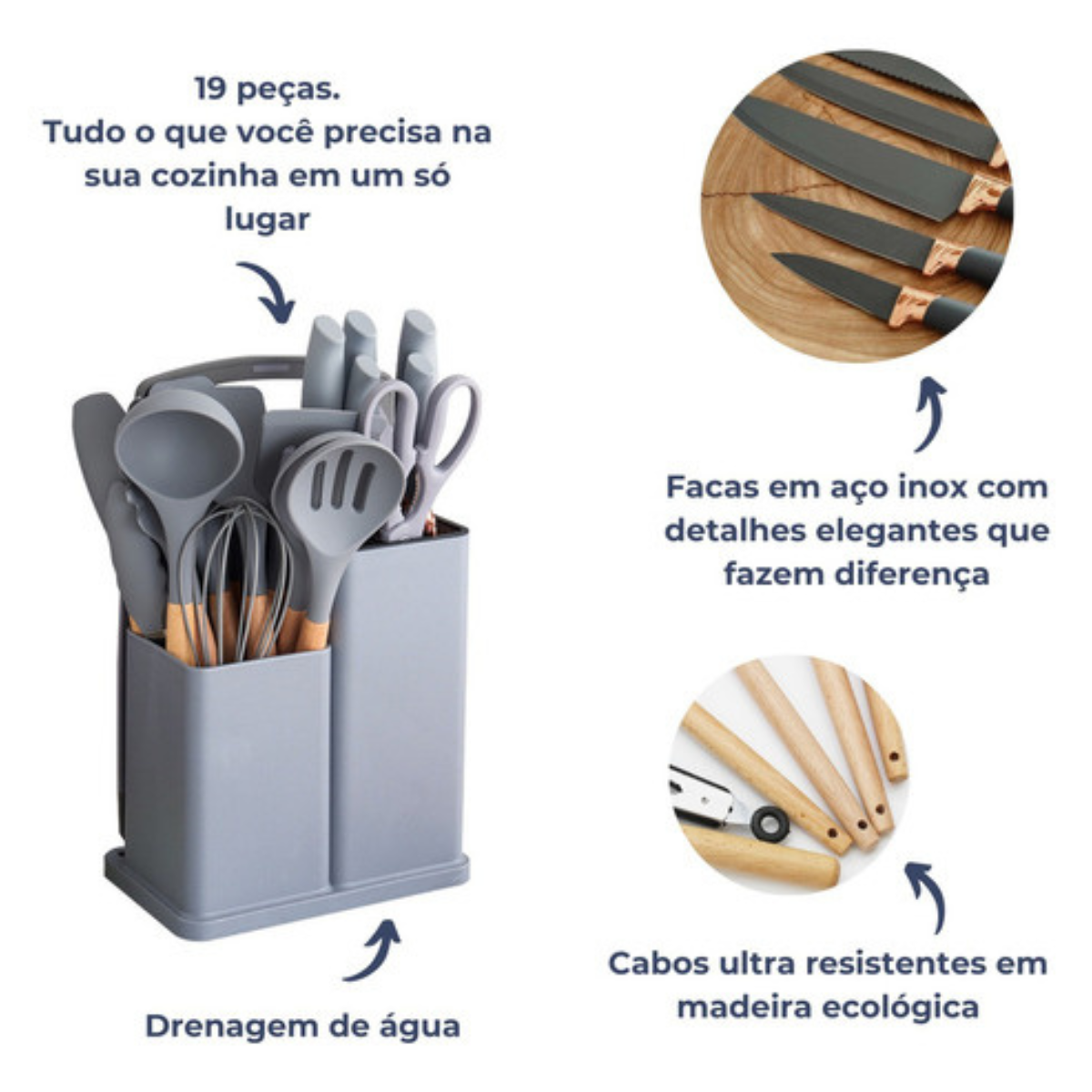 5-14 **Kit Completo 19 Utensílios de Cozinha em Silicone com Facas, Tábua e Suporte – Cabo de Madeira Resistente ao Calor 230°C** - Imagem 4