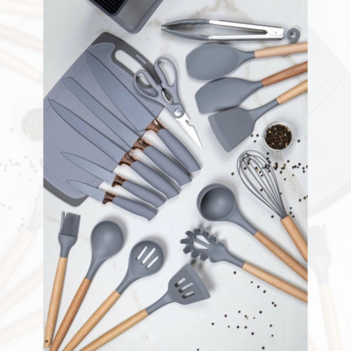 6-14 **Kit Completo 19 Utensílios de Cozinha em Silicone com Facas, Tábua e Suporte – Cabo de Madeira Resistente ao Calor 230°C** - Imagem 5